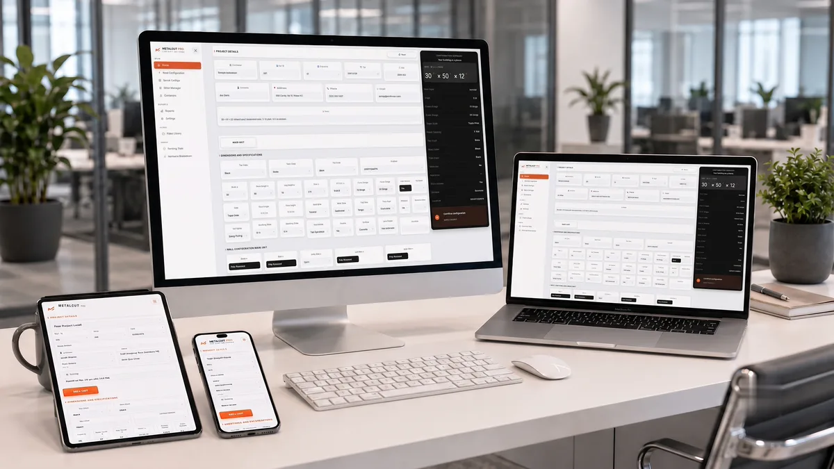 MetalCut Pro running on a desktop monitor, laptop, tablet, and phone on an office desk